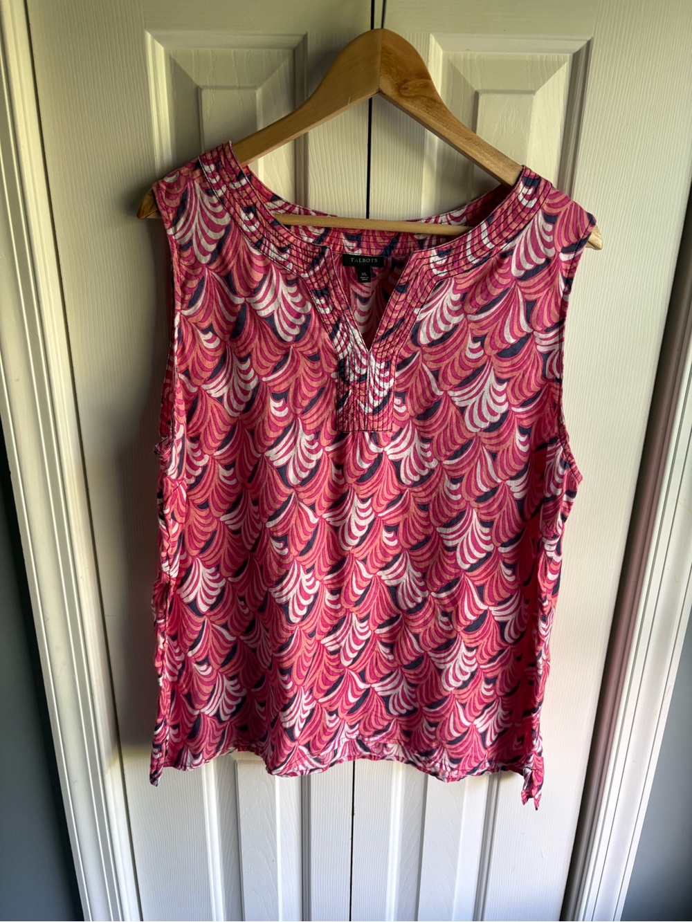 Talbots Womens Pink Whimsical Waves Linen Sleeveless Shell Tank Top Size XL